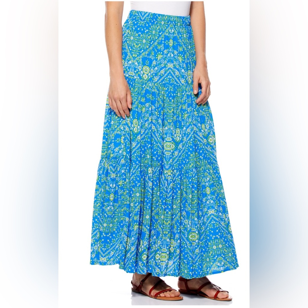 Scoop L Maxi Tiered Skirt Blue Yellow Floral Print Pockets Boho Festival Gypsy